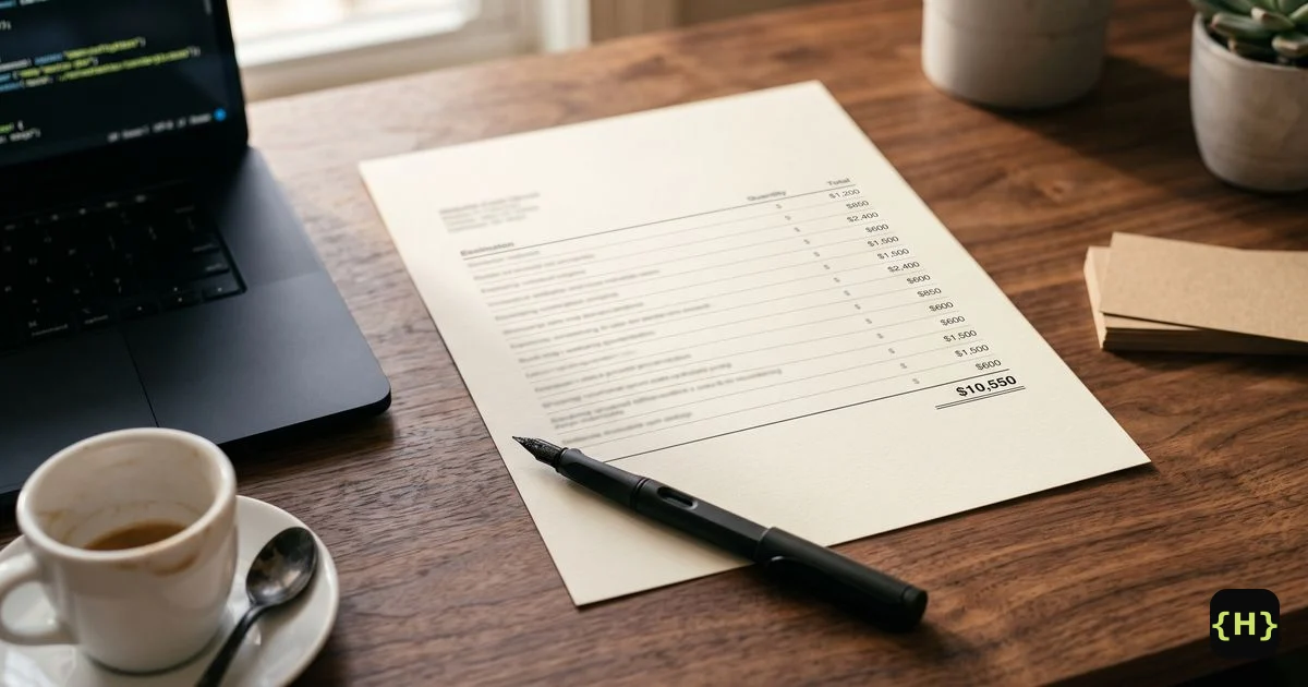 A printed website project estimate with itemized dollar figures on a developer's desk beside a laptop showing code