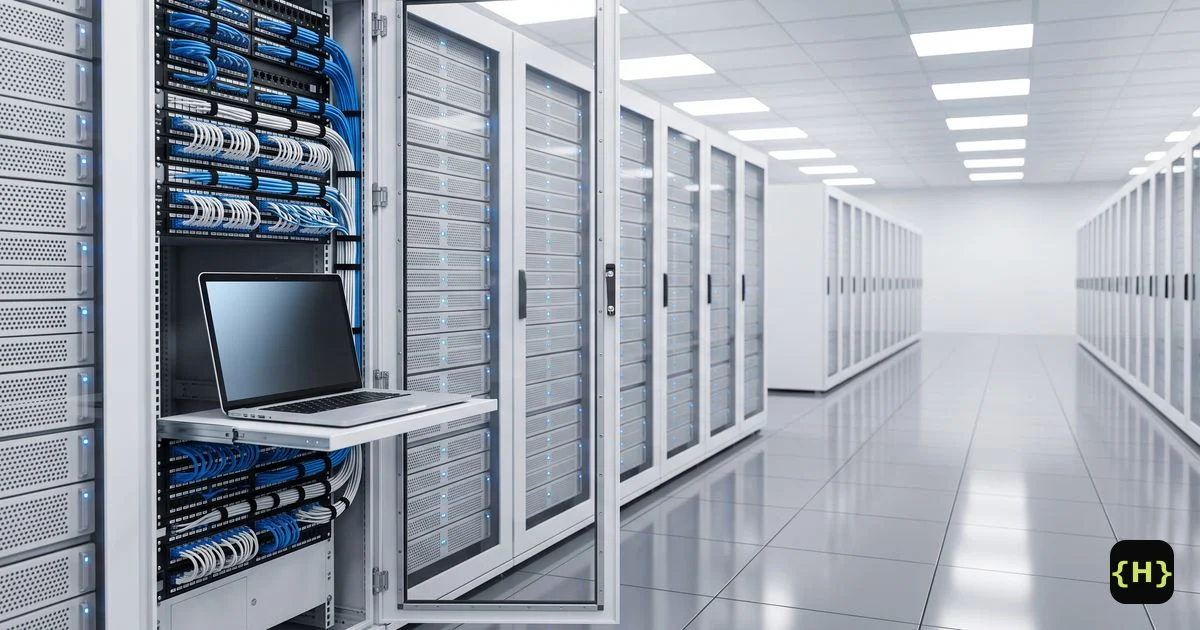 An open server rack with a laptop on a pull-out shelf in a bright cloud data center, for a Cloudways review